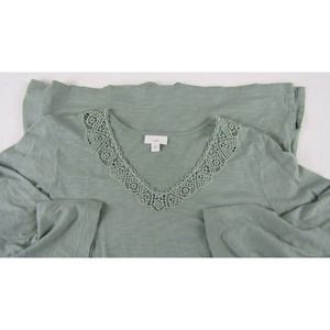 J. Jill Women Large Tunic Knit Top Sage Green Heather 3/4 Sleeve Lace V-Neck